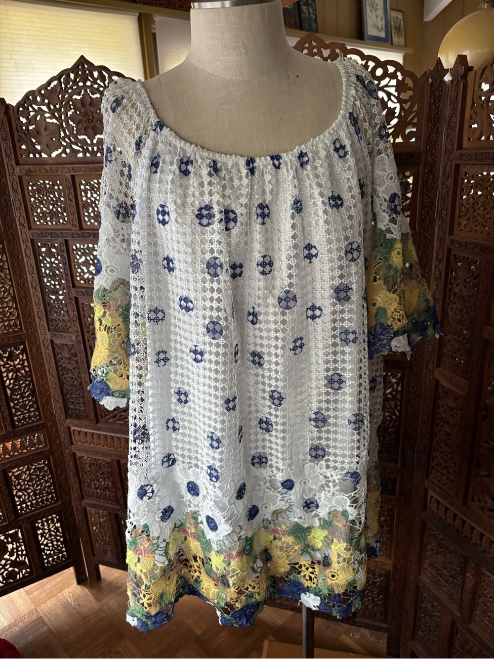 White Lace Crochet Tunic with Blue and Yellow Floral Trim